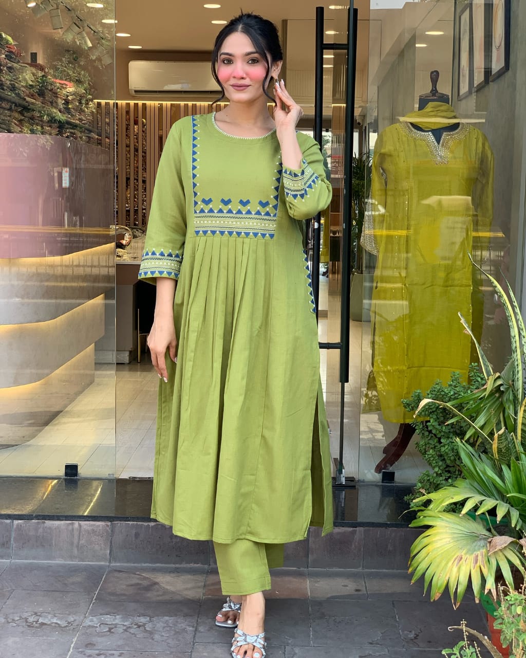 Women’s Rayon Embroidered A-Line Kurti With Pant Set