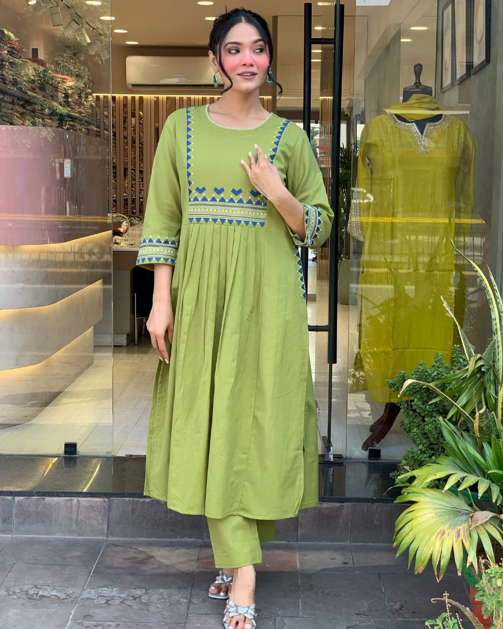 Women’s Rayon Embroidered A-Line Kurti With Pant Set