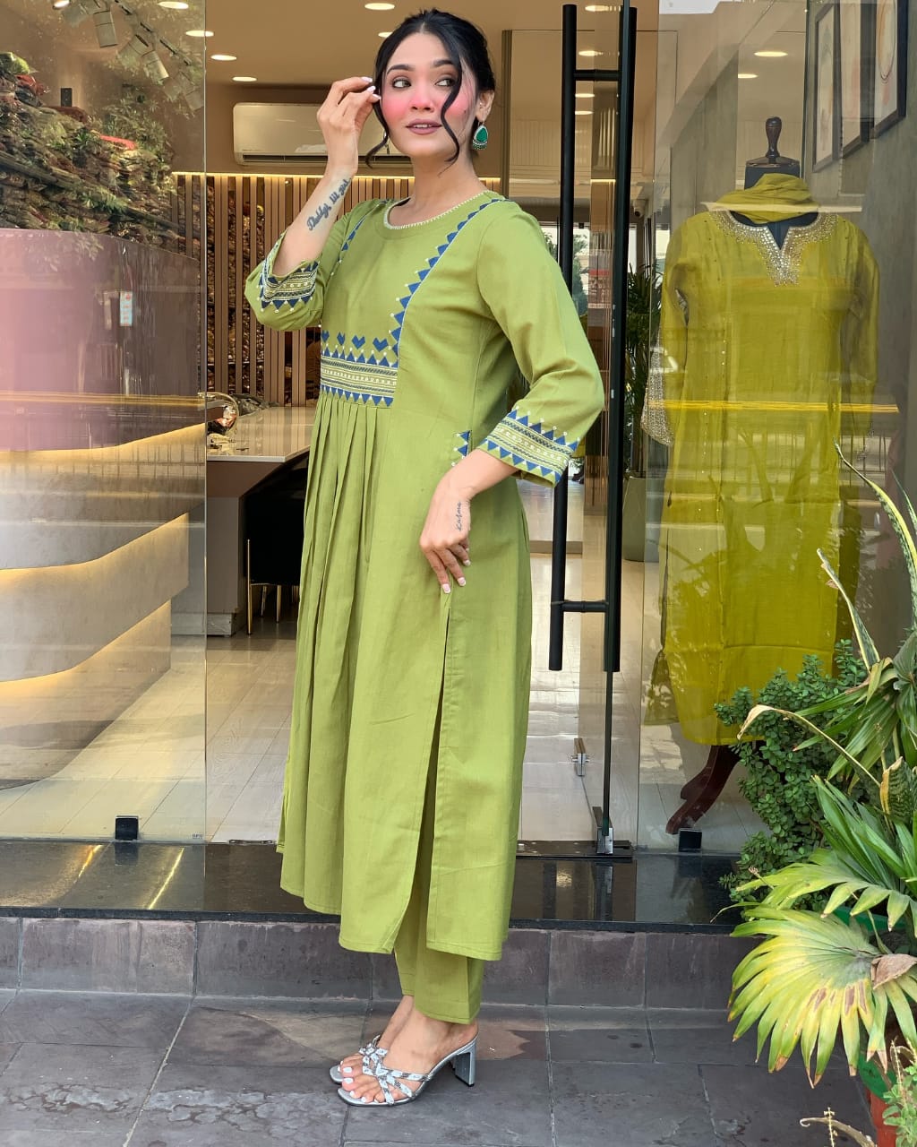 Women’s Rayon Embroidered A-Line Kurti With Pant Set