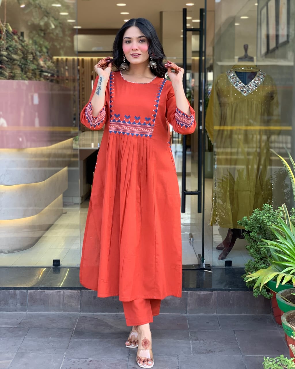 Women’s Rayon Embroidered A-Line Kurti With Pant Set