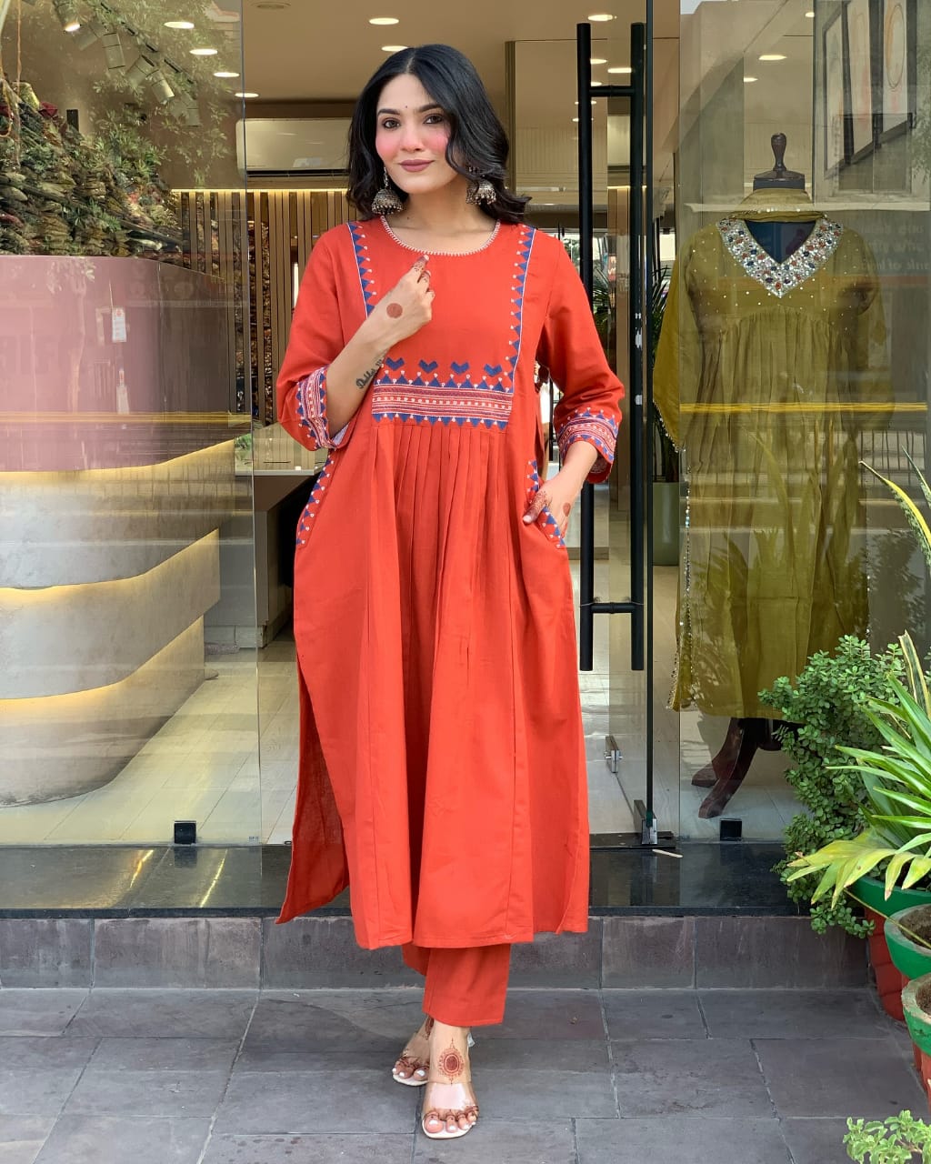 Women’s Rayon Embroidered A-Line Kurti With Pant Set