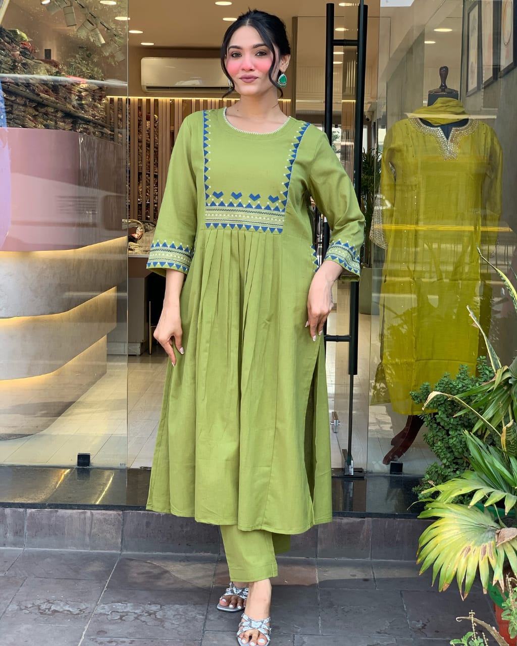 Women’s Rayon Embroidered A-Line Kurti With Pant Set