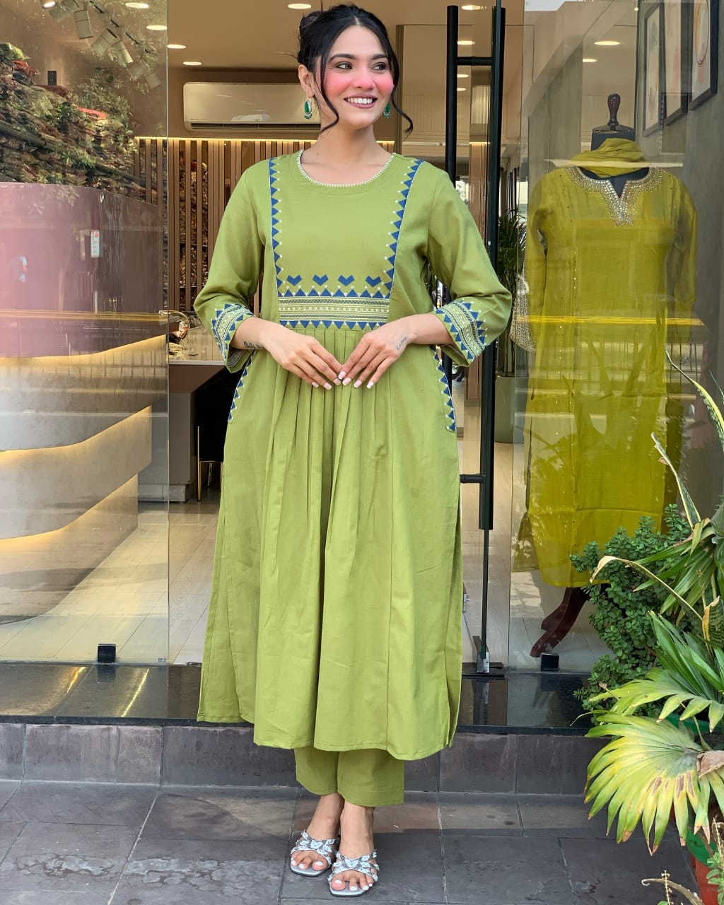 Women’s Rayon Embroidered A-Line Kurti With Pant Set