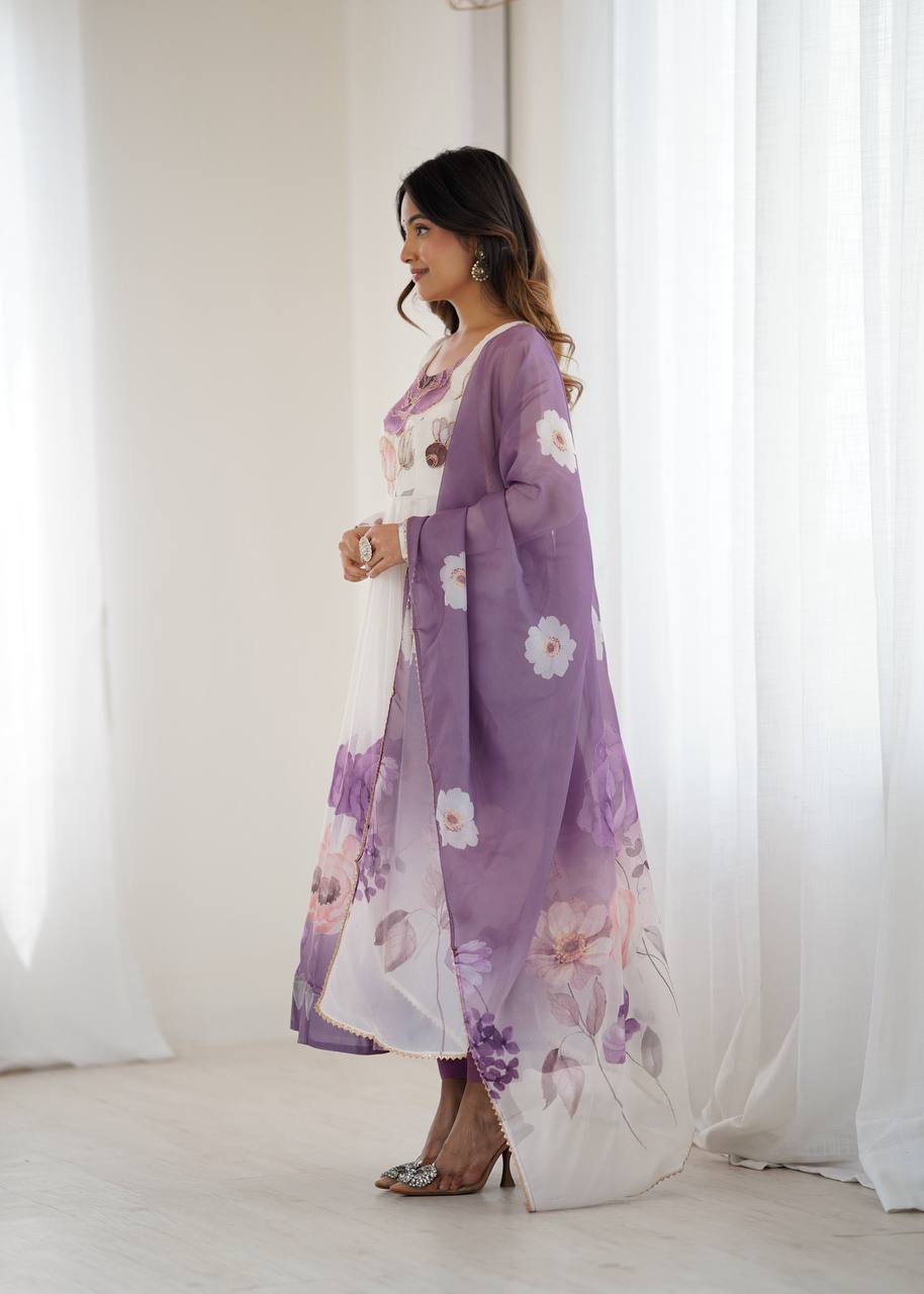 Womens Pure White and Blue Romansilk Chanderi Floral Printed Anarkali Kurti With Dupatta & Pant Set