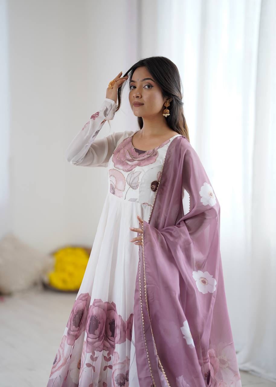 Womens Pure White and Blue Romansilk Chanderi Floral Printed Anarkali Kurti With Dupatta & Pant Set