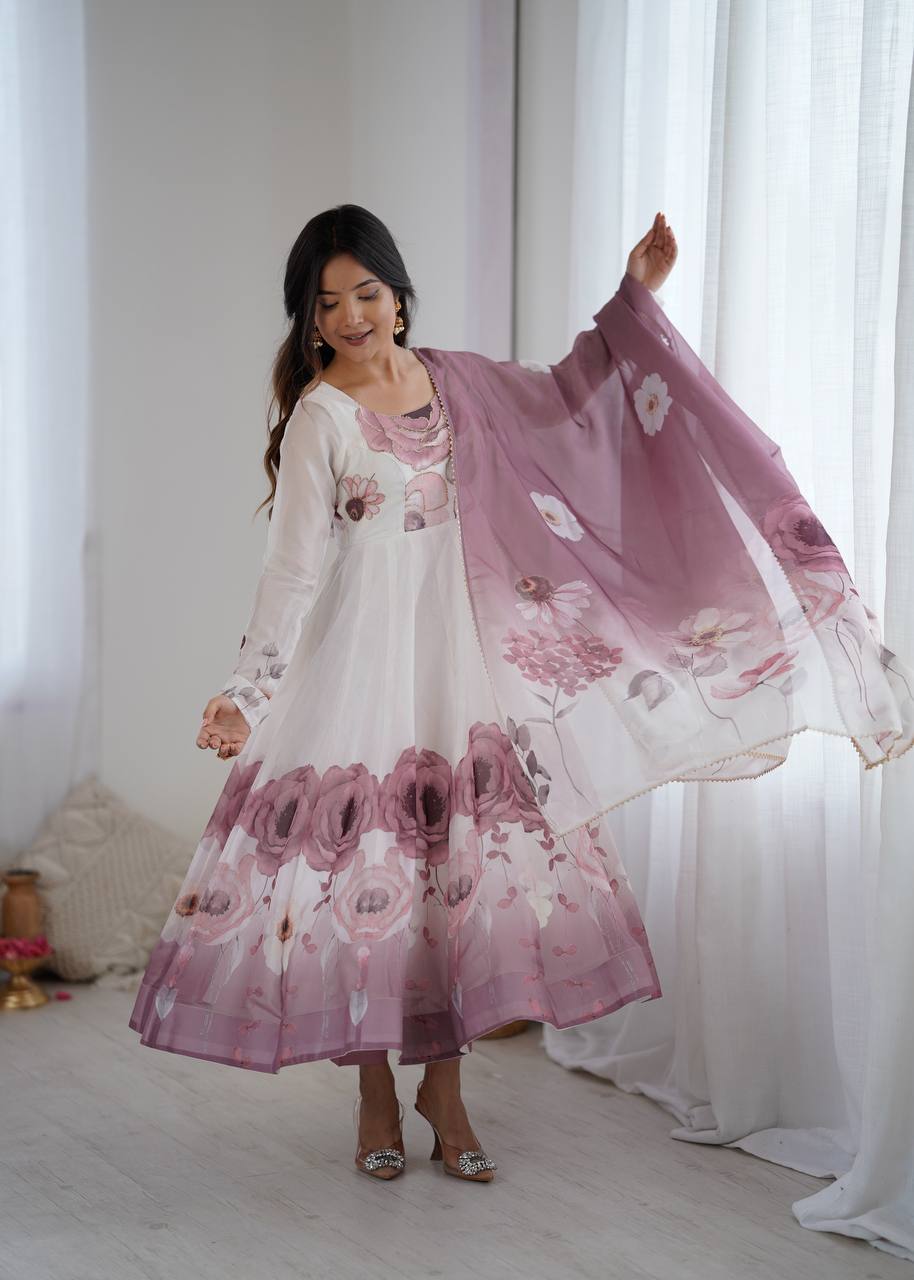 Womens Pure White and Blue Romansilk Chanderi Floral Printed Anarkali Kurti With Dupatta & Pant Set