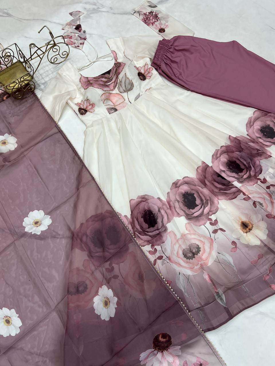 Womens Pure White and Blue Romansilk Chanderi Floral Printed Anarkali Kurti With Dupatta & Pant Set
