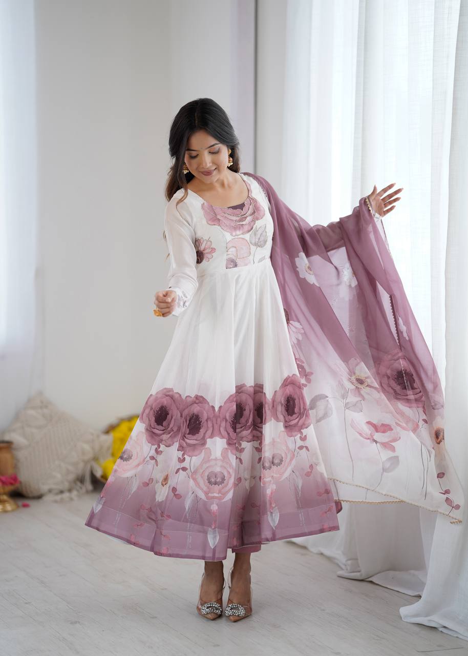 Womens Pure White and Blue Romansilk Chanderi Floral Printed Anarkali Kurti With Dupatta & Pant Set