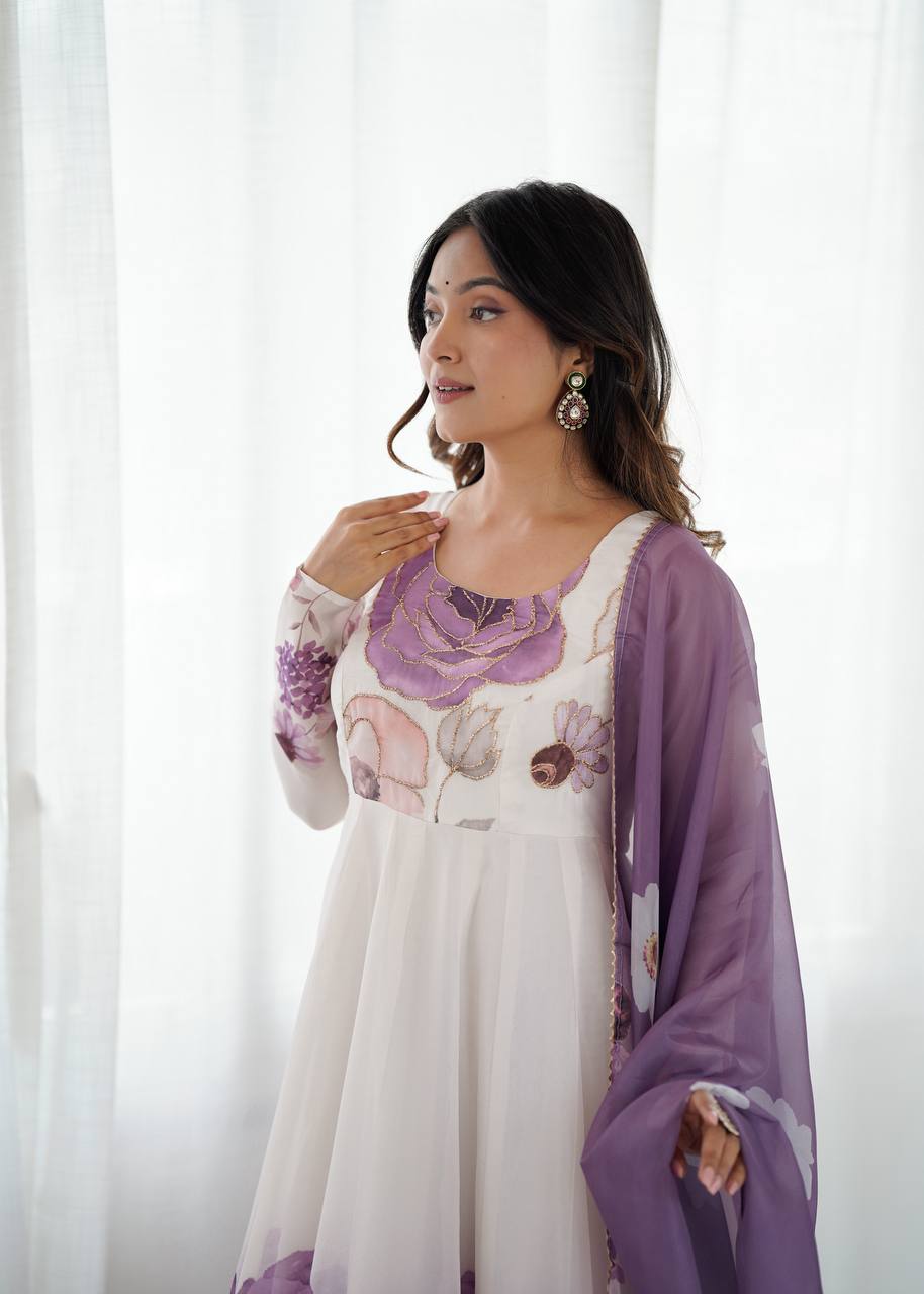 Womens Pure White and Blue Romansilk Chanderi Floral Printed Anarkali Kurti With Dupatta & Pant Set