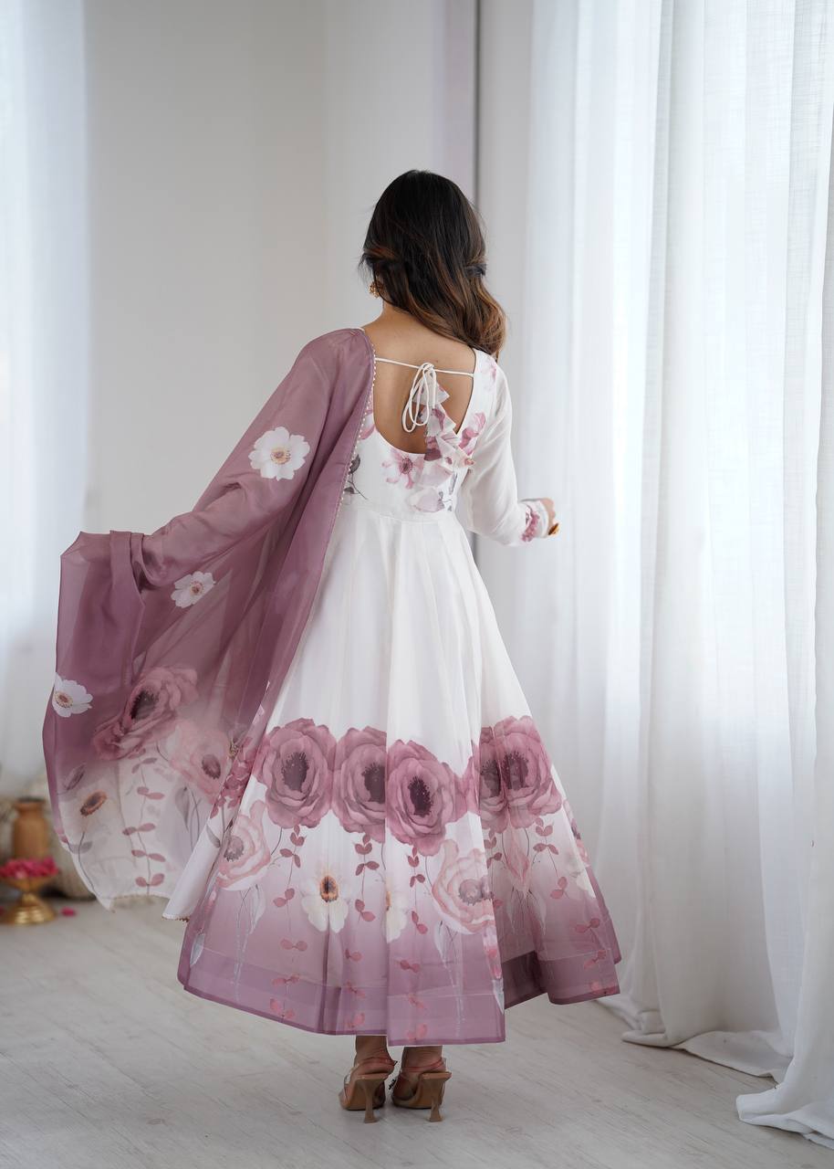 Womens Pure White and Blue Romansilk Chanderi Floral Printed Anarkali Kurti With Dupatta & Pant Set