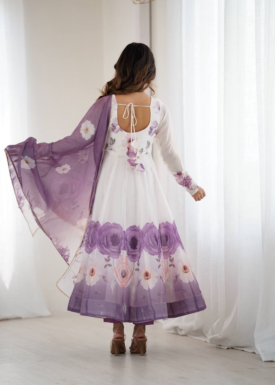Womens Pure White and Blue Romansilk Chanderi Floral Printed Anarkali Kurti With Dupatta & Pant Set