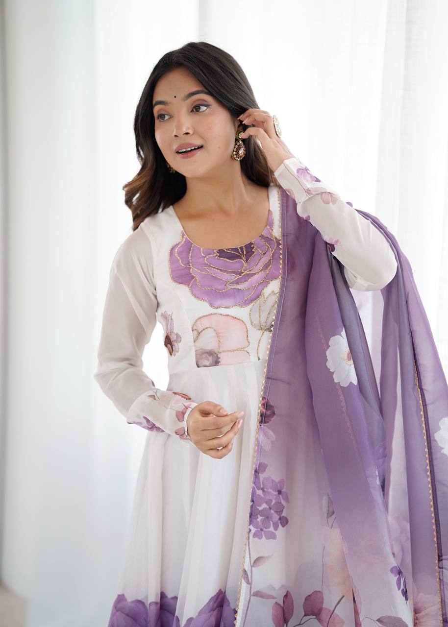 Womens Pure White and Blue Romansilk Chanderi Floral Printed Anarkali Kurti With Dupatta & Pant Set