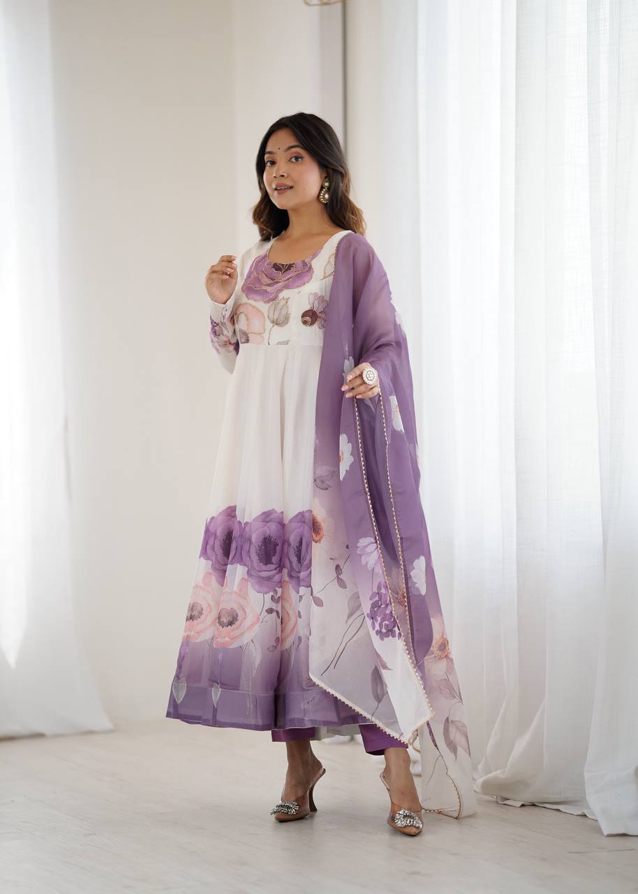 Womens Pure White and Blue Romansilk Chanderi Floral Printed Anarkali Kurti With Dupatta & Pant Set