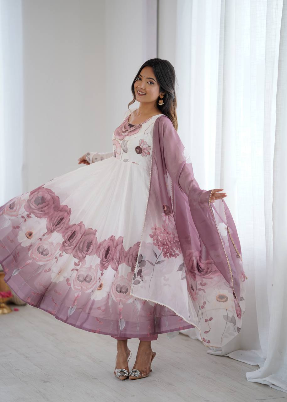 Womens Pure White and Blue Romansilk Chanderi Floral Printed Anarkali Kurti With Dupatta & Pant Set