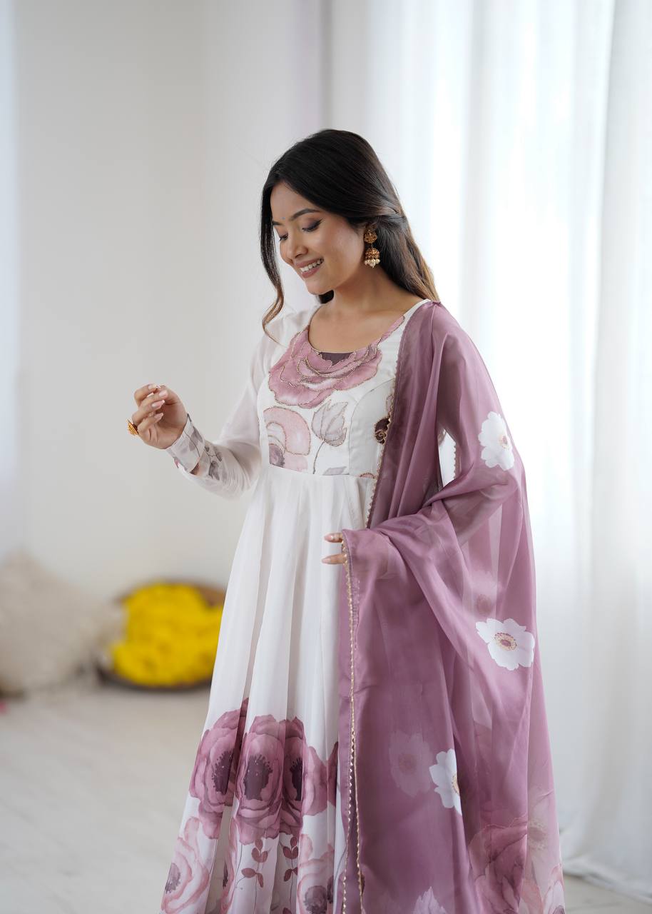 Womens Pure White and Blue Romansilk Chanderi Floral Printed Anarkali Kurti With Dupatta & Pant Set