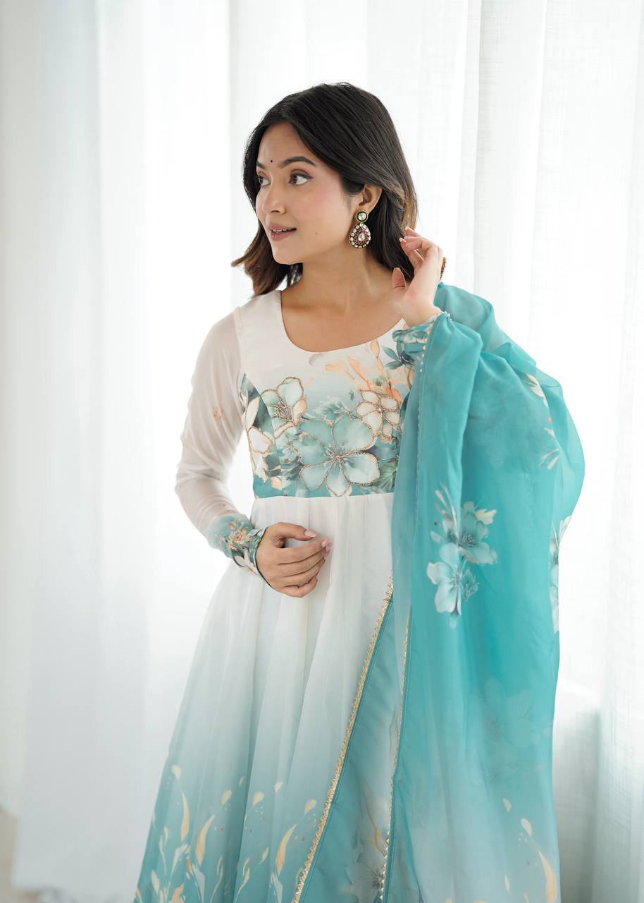 Womens Pure White and Blue Romansilk Chanderi Floral Printed Anarkali Kurti With Dupatta & Pant Set