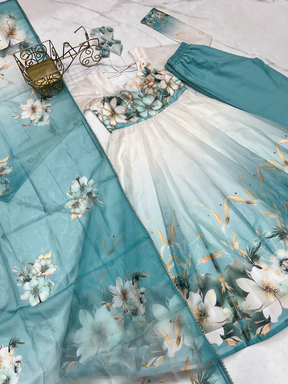 Womens Pure White and Blue Romansilk Chanderi Floral Printed Anarkali Kurti With Dupatta & Pant Set