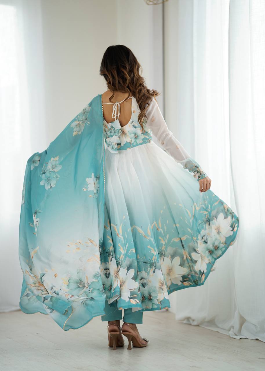 Womens Pure White and Blue Romansilk Chanderi Floral Printed Anarkali Kurti With Dupatta & Pant Set