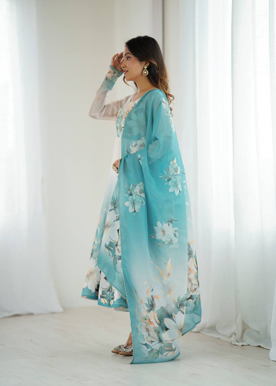 Womens Pure White and Blue Romansilk Chanderi Floral Printed Anarkali Kurti With Dupatta & Pant Set