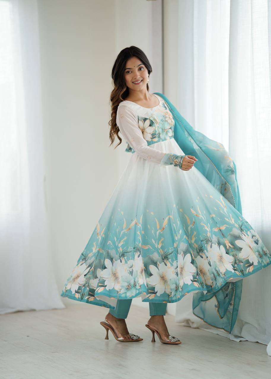 Womens Pure White and Blue Romansilk Chanderi Floral Printed Anarkali Kurti With Dupatta & Pant Set