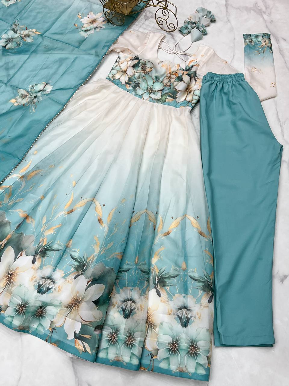 Womens Pure White and Blue Romansilk Chanderi Floral Printed Anarkali Kurti With Dupatta & Pant Set