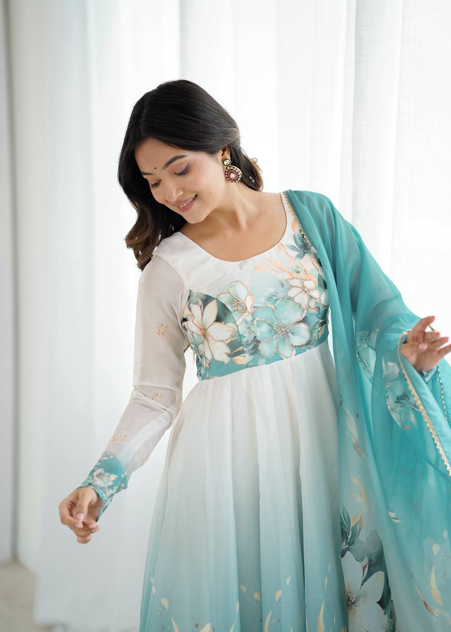 Womens Pure White and Blue Romansilk Chanderi Floral Printed Anarkali Kurti With Dupatta & Pant Set