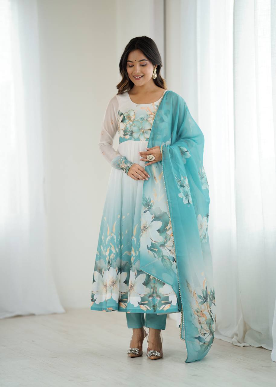 Womens Pure White and Blue Romansilk Chanderi Floral Printed Anarkali Kurti With Dupatta & Pant Set