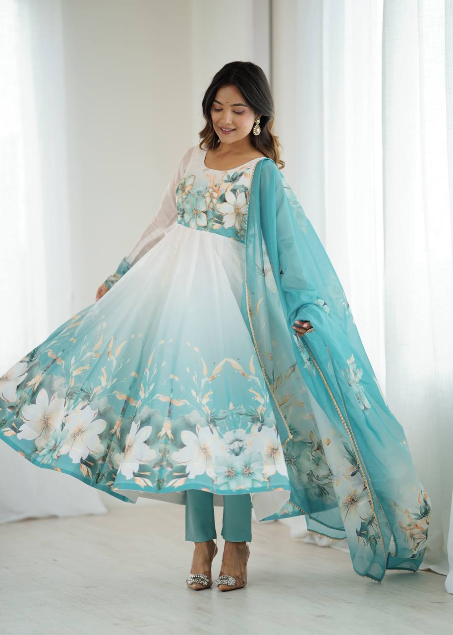 Womens Pure White and Blue Romansilk Chanderi Floral Printed Anarkali Kurti With Dupatta & Pant Set