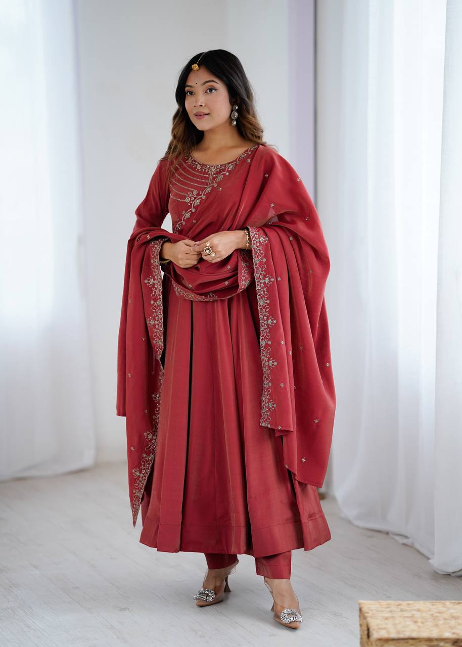 Womens Pure Romansilk Chanderi Embroidered Anarkali Kurti With Dupatta & Pant Set