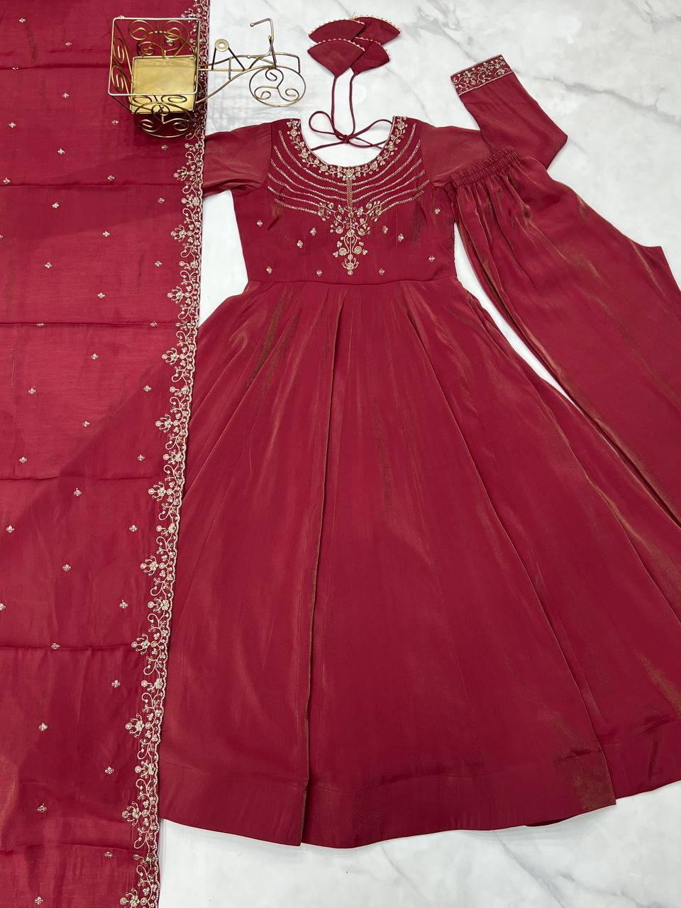 Womens Pure Romansilk Chanderi Embroidered Anarkali Kurti With Dupatta & Pant Set