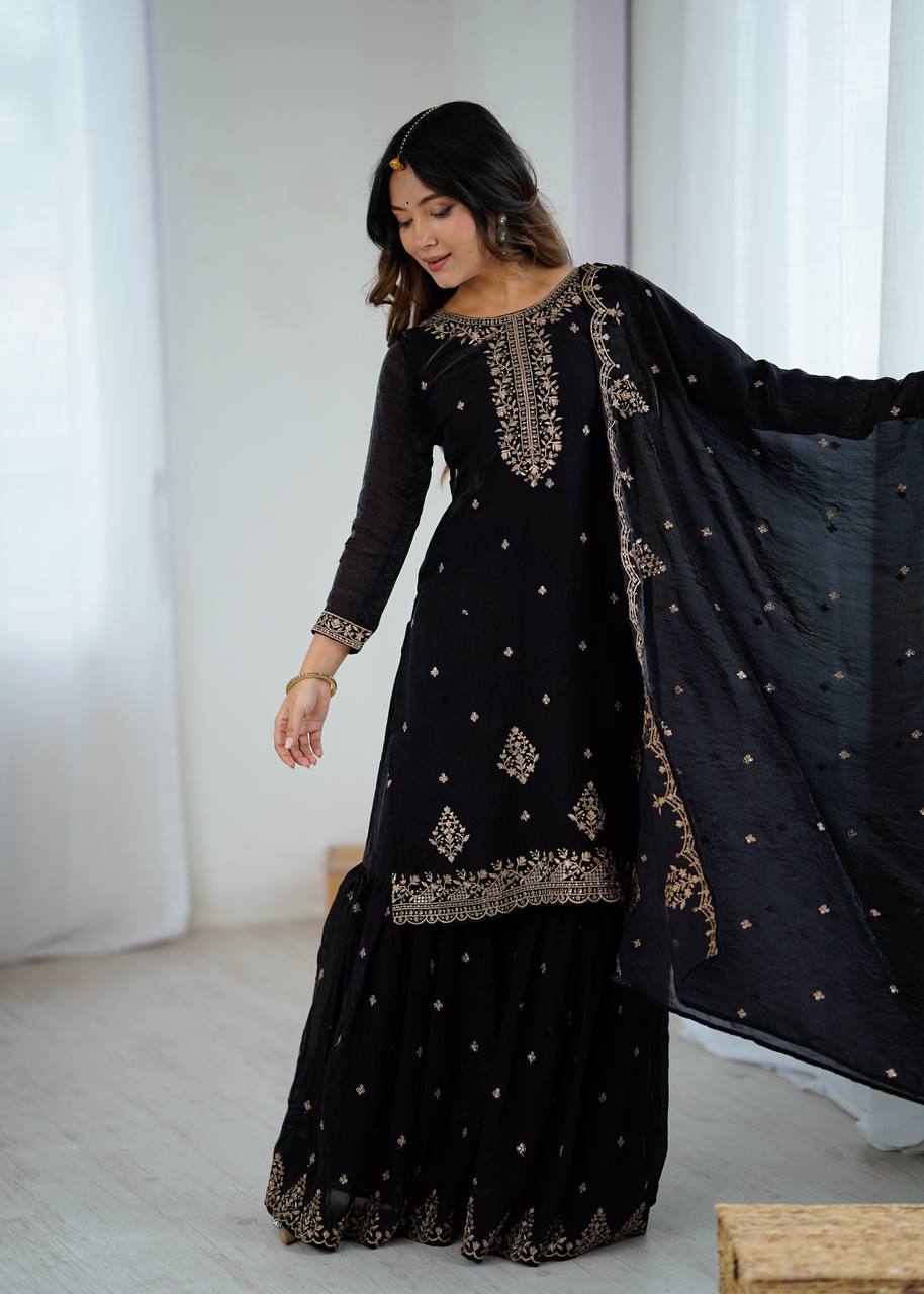 Women’s Pure Romansilk Chanderi Embroidered Kurti with Sharara & Dupatta Set