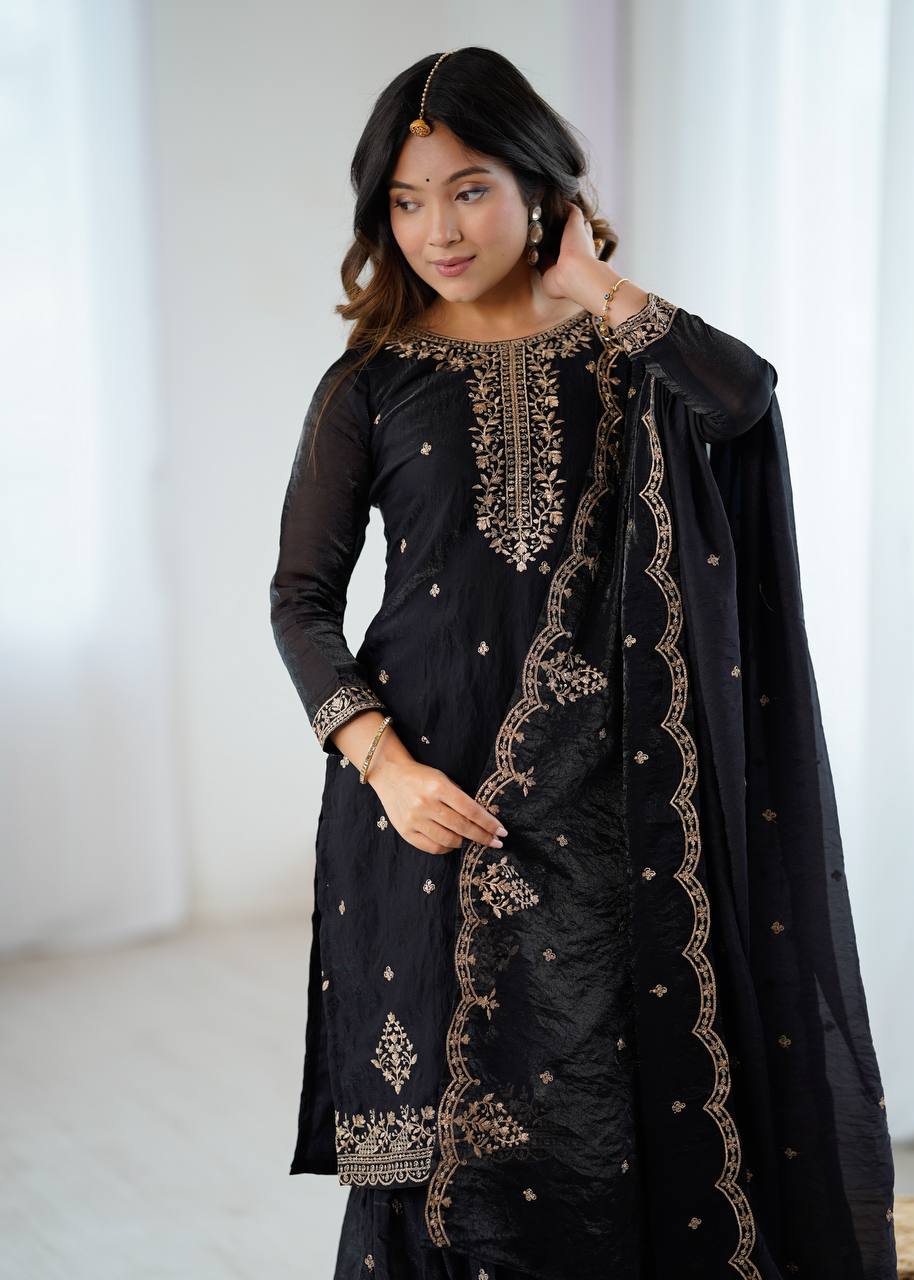 Women’s Pure Romansilk Chanderi Embroidered Kurti with Sharara & Dupatta Set