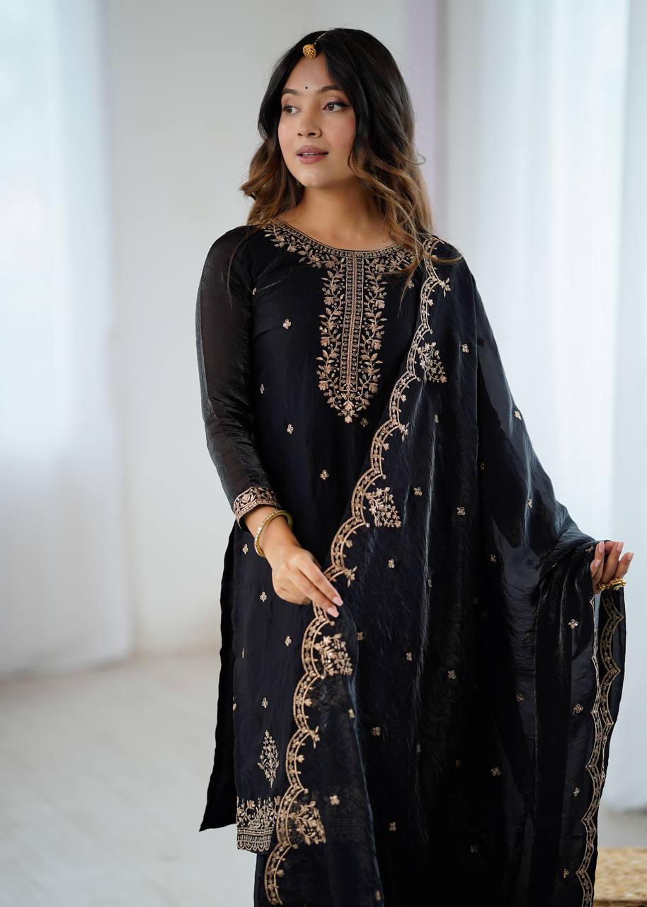 Women’s Pure Romansilk Chanderi Embroidered Kurti with Sharara & Dupatta Set
