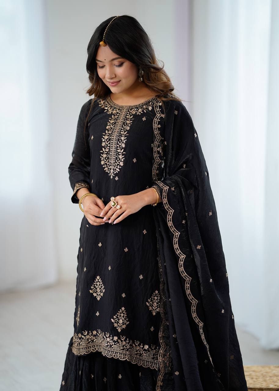 Women’s Pure Romansilk Chanderi Embroidered Kurti with Sharara & Dupatta Set