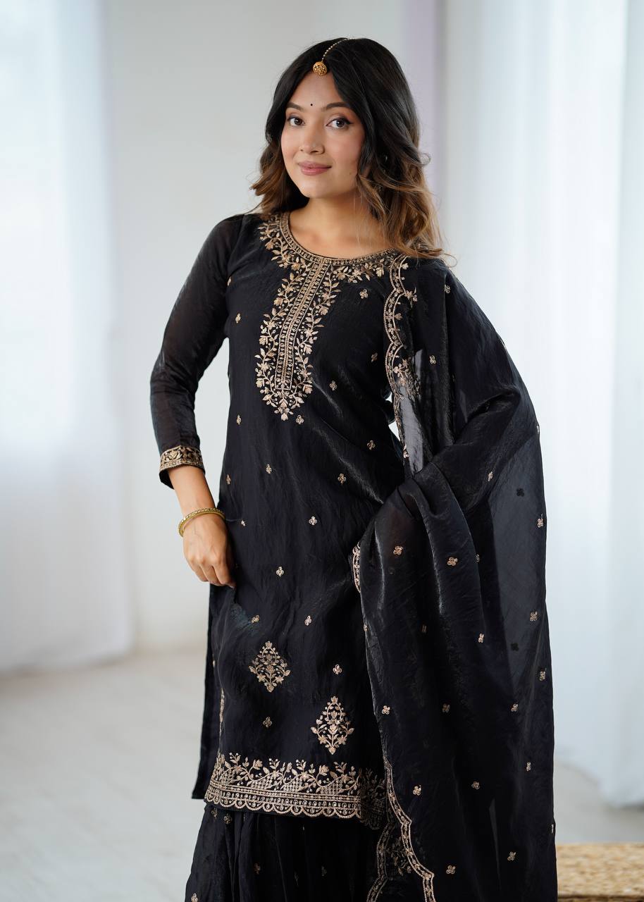 Women’s Pure Romansilk Chanderi Embroidered Kurti with Sharara & Dupatta Set